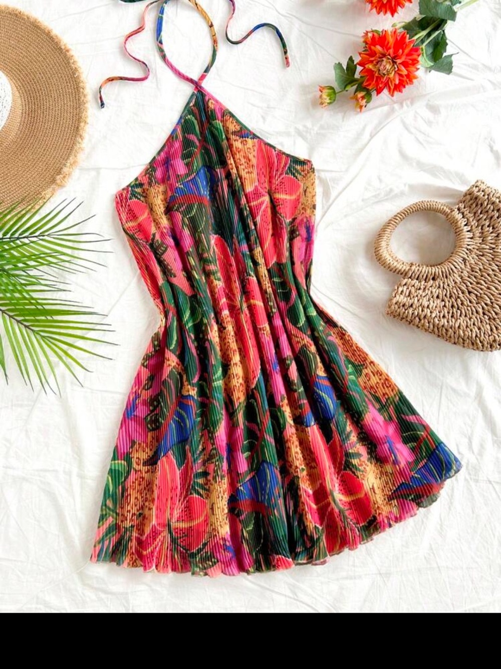 Summer Floral Halter Mini Dress - Pink & Green